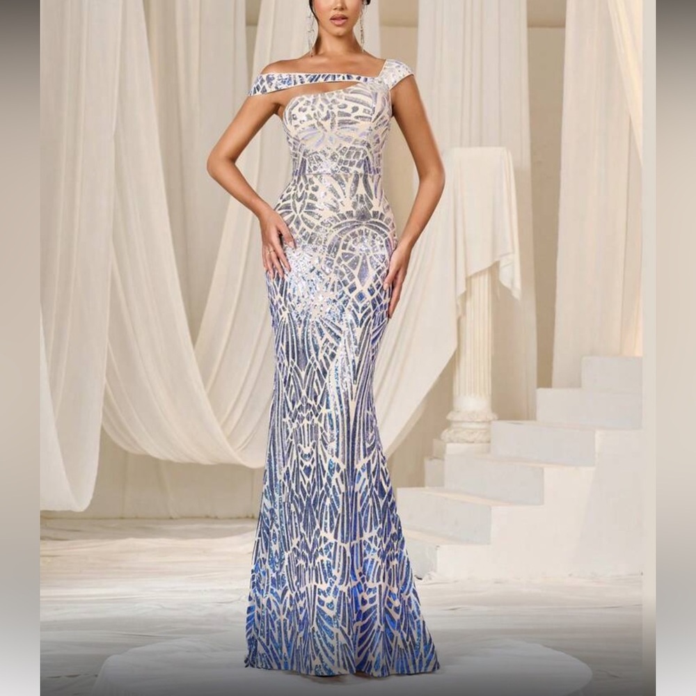 Luxe off shoulder sequins mermaid hem formal evening black tie gown dress